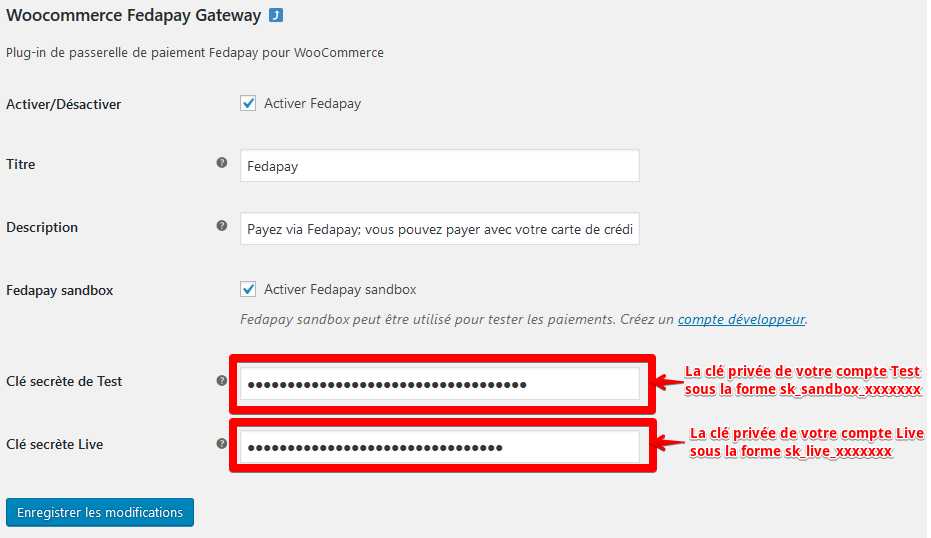FedaPay plugin settings