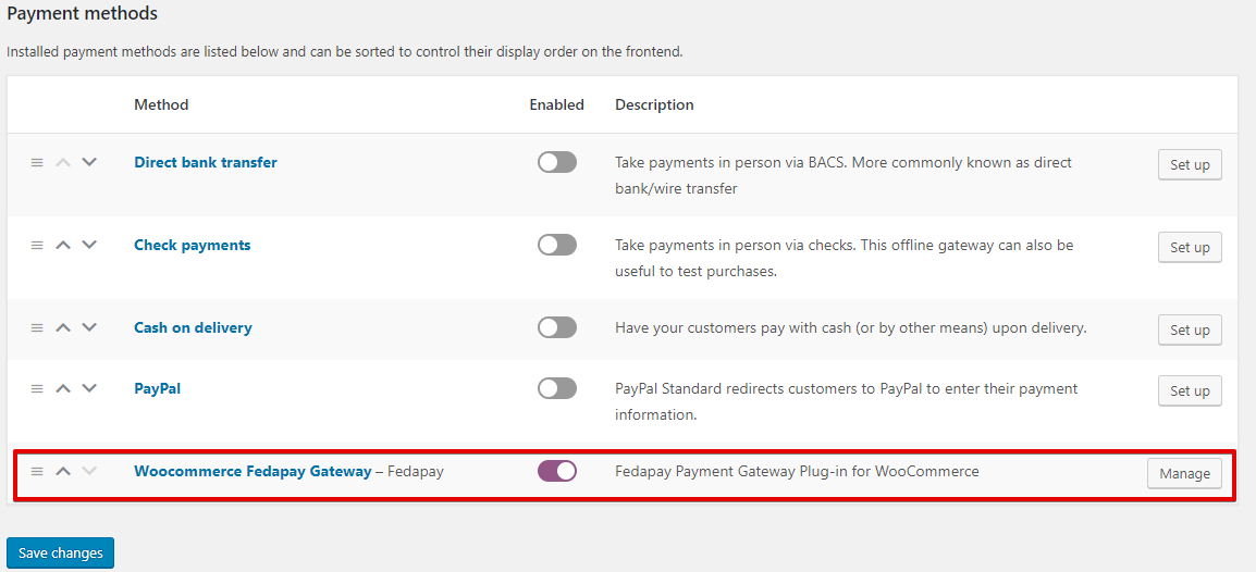 FedaPay plugin settings