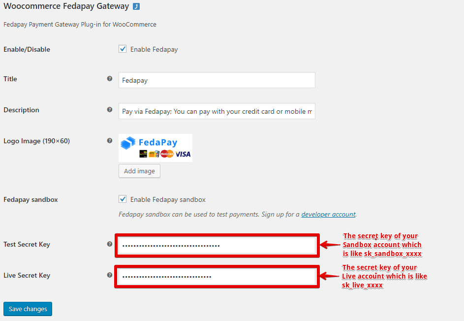 FedaPay plugin settings