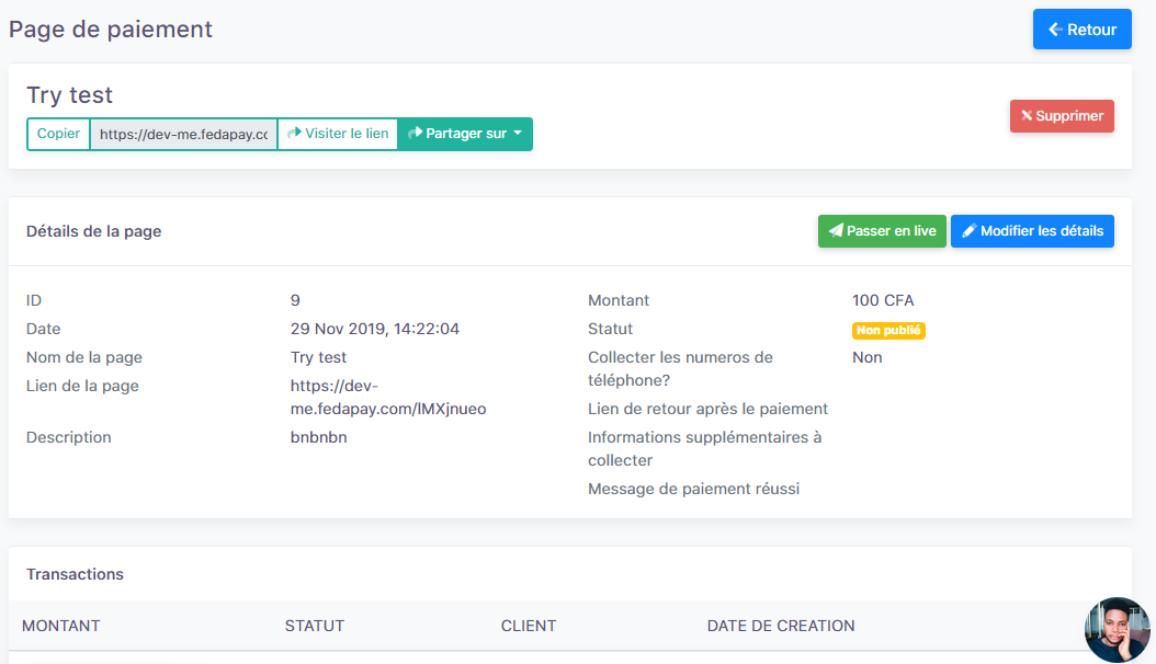 Payment page details
