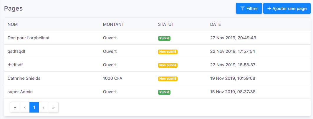 Payment pages list