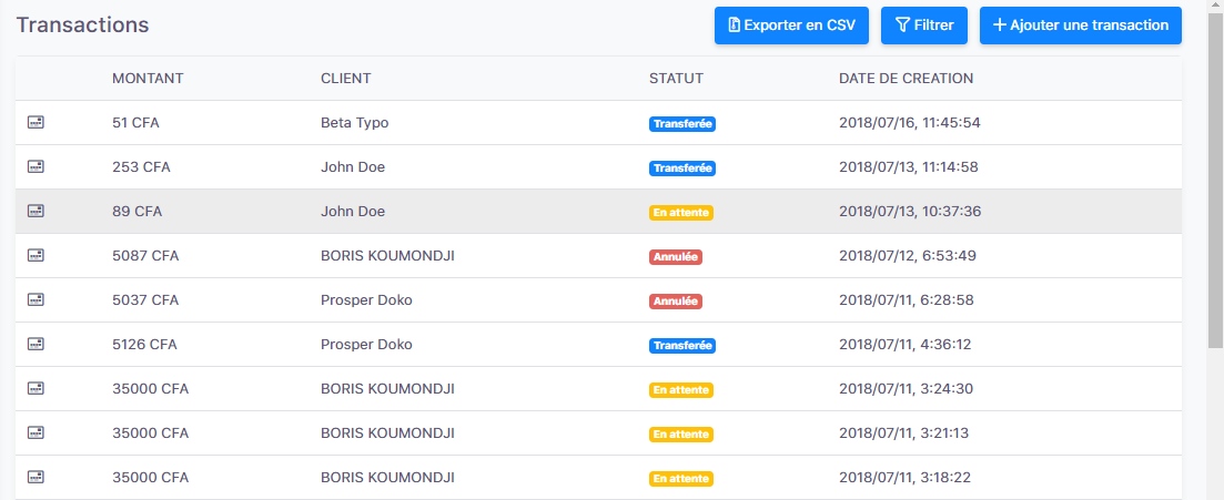 Transactions list