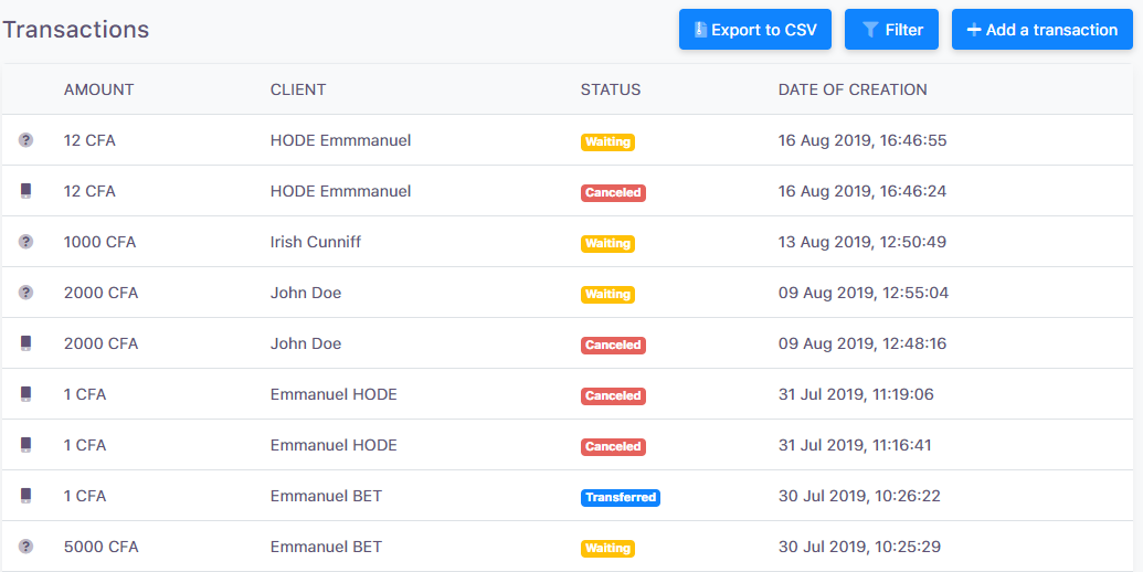 Transactions list
